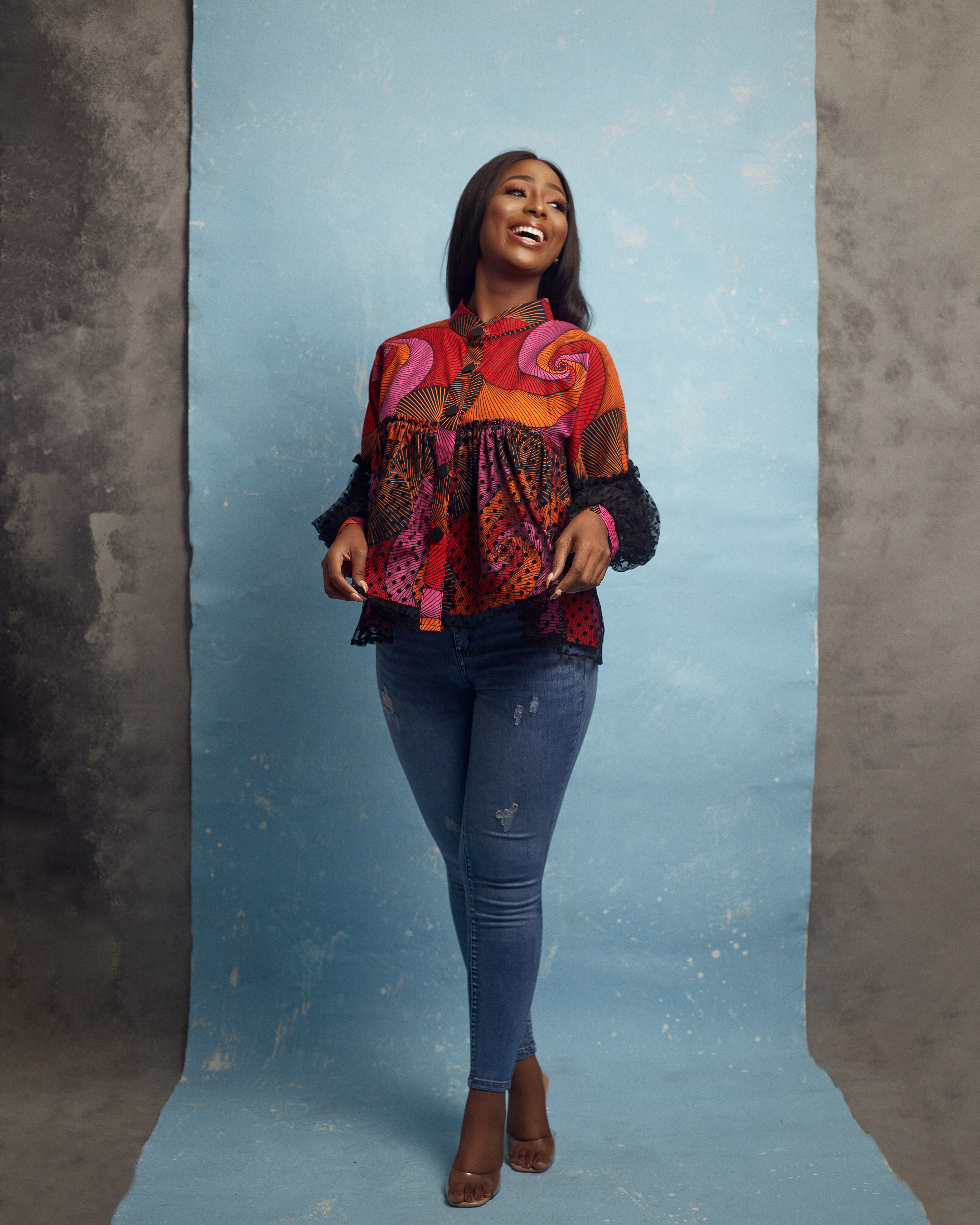 The ASEYE wax print blouse with tulle overlay smock and tulle balloon sleeves by MOD Ghana for It's Made To Order