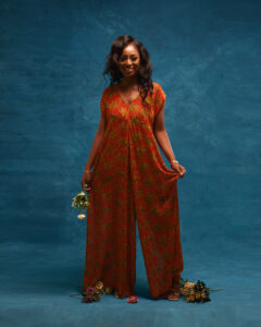 The MARI chiffon jumpsuit is a belted wide leg jumpsuit in ankara print chiffon by MOD Ghana for It's Made To Order