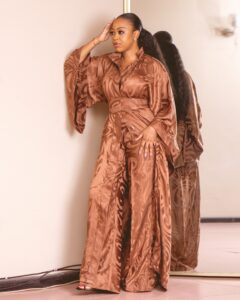 duster kimono and palazzo pants by Titi Belo for It's Made To Order African Fashion shown in brown damask, silk blend fabric also available in black color