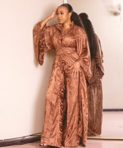 duster kimono and palazzo pants by Titi Belo for It's Made To Order African Fashion shown in brown damask, silk blend fabric also available in black color