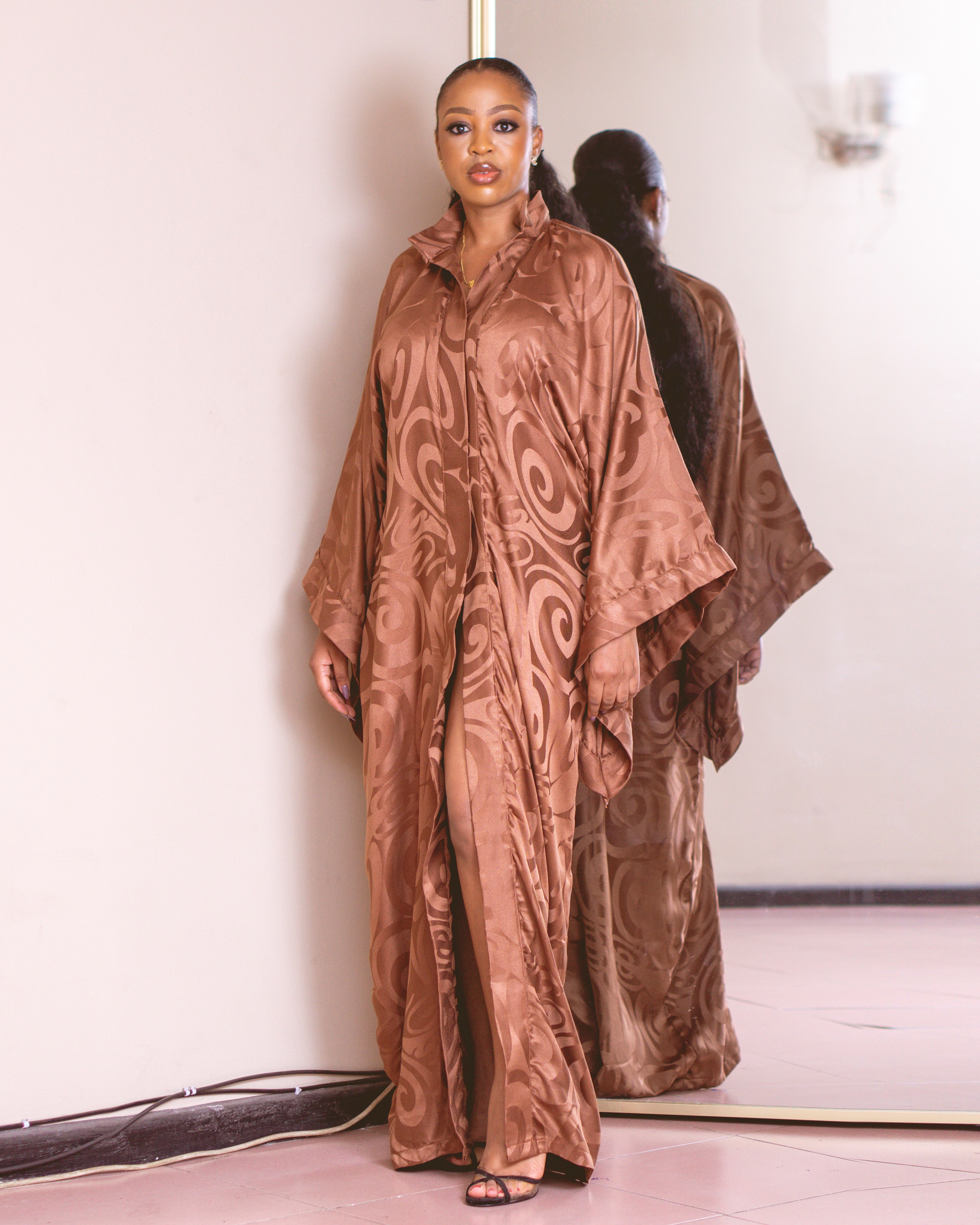 duster kimono by Titi Belo for It's Made To Order African Fashion shown in brown damask, silk blend fabric also available in black color